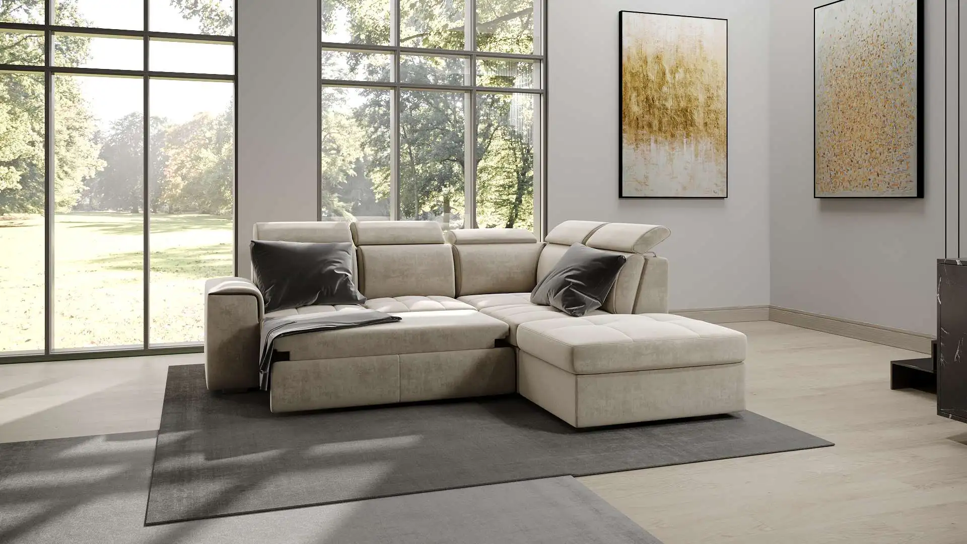 Divano angolare Archimede Ang di BEHOME beige con seduta estraibile aperta e cuscini.