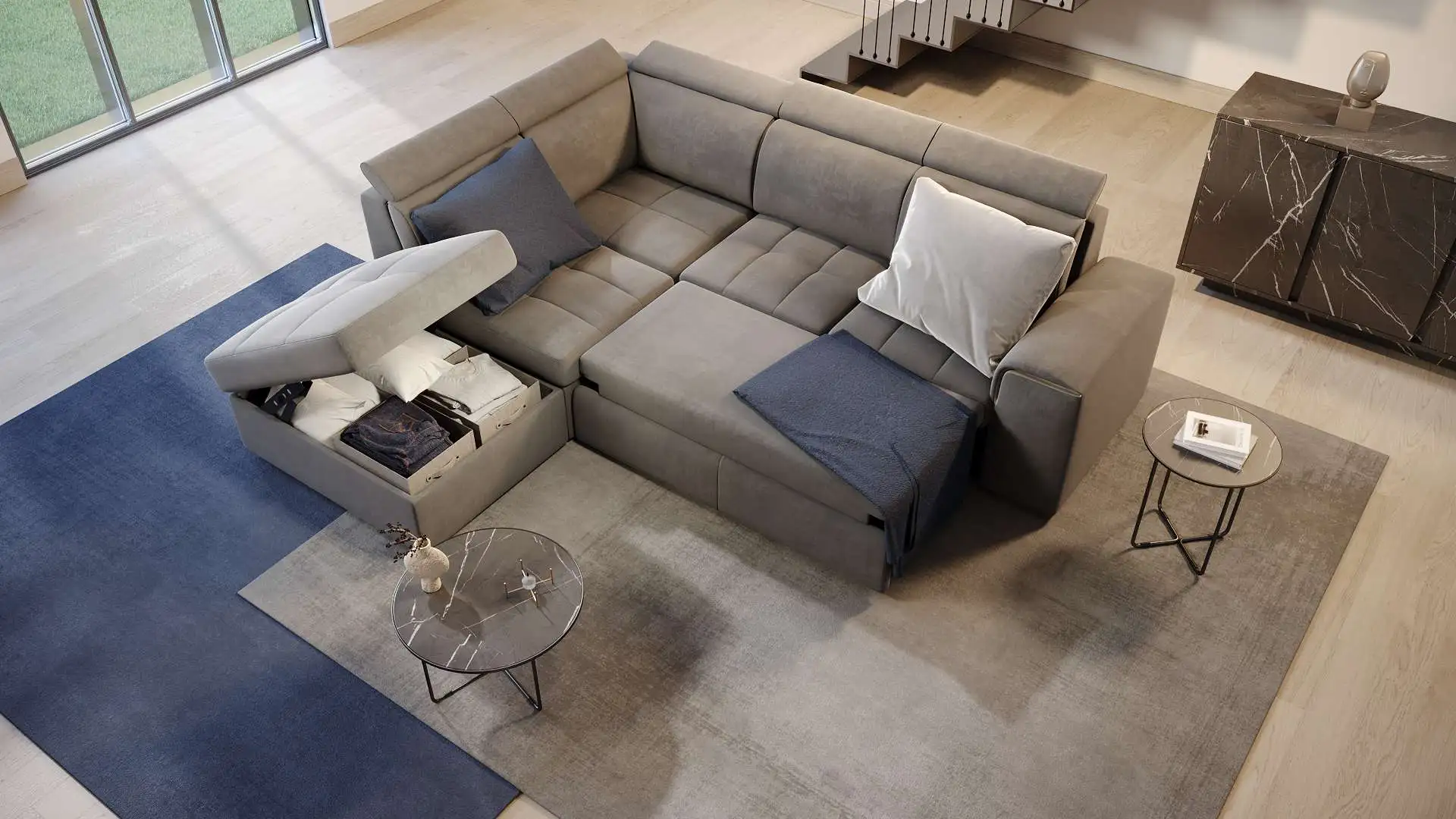 Vista dall'alto del divano Archimede Up BEHOME grigio con letto e contenitore aperti.