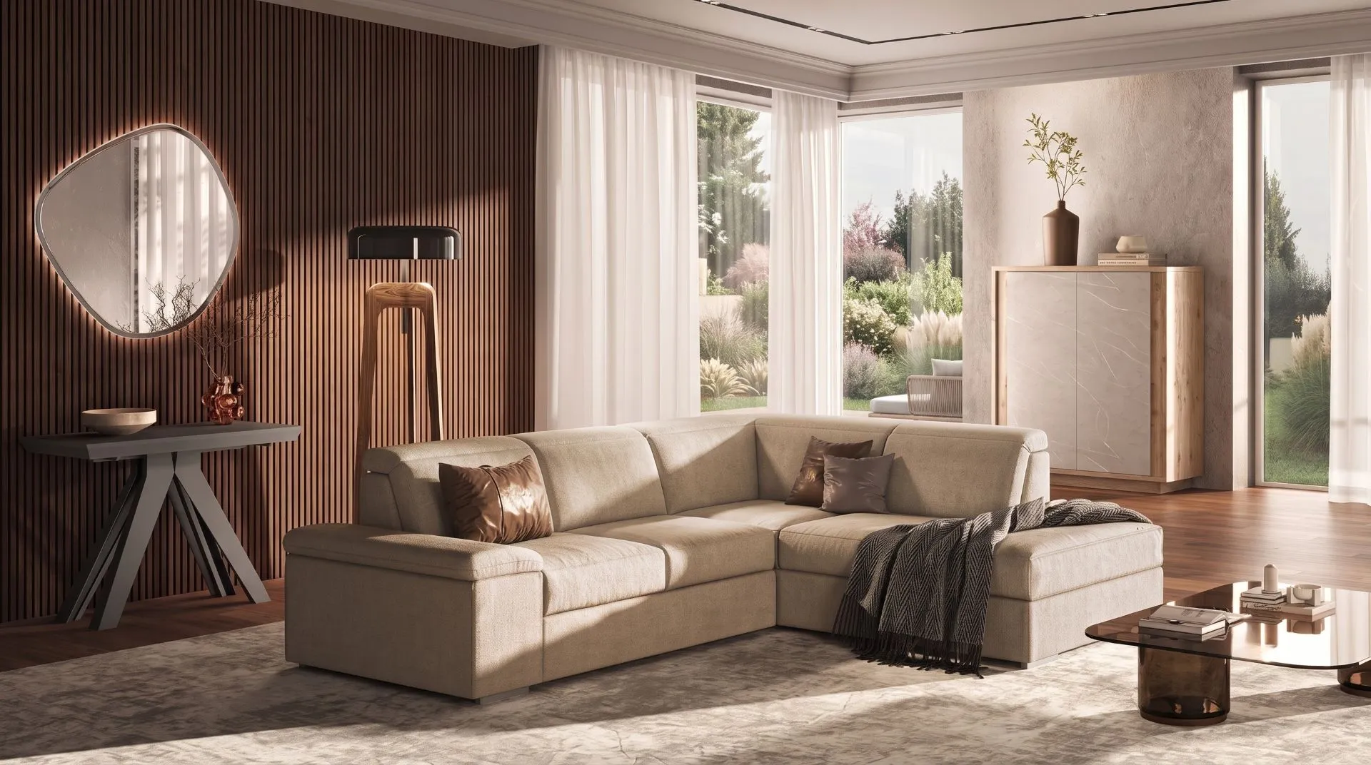 Divano angolare Cometa di BEHOME in tessuto beige in un luminoso soggiorno moderno.