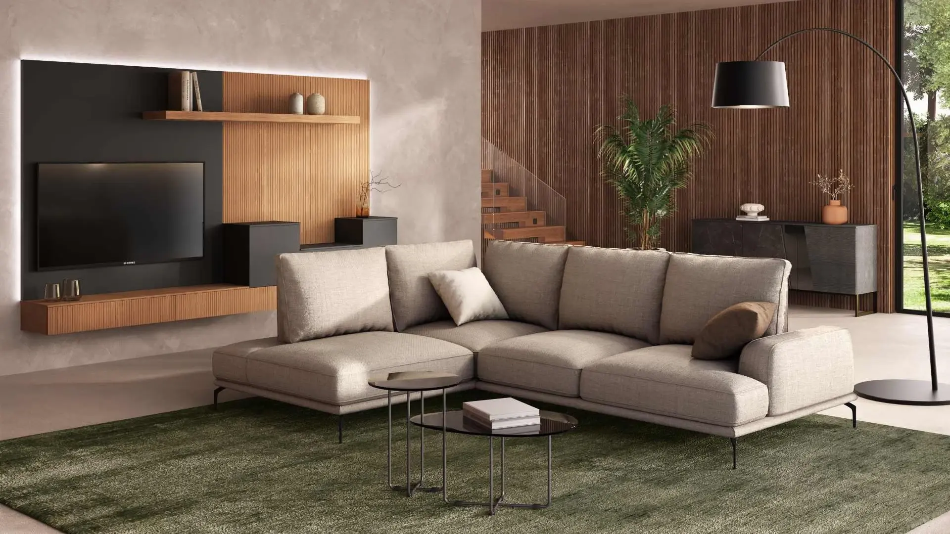 Divano angolare Eraclea Ang di BEHOME in tessuto beige con piedini neri su tappeto verde.