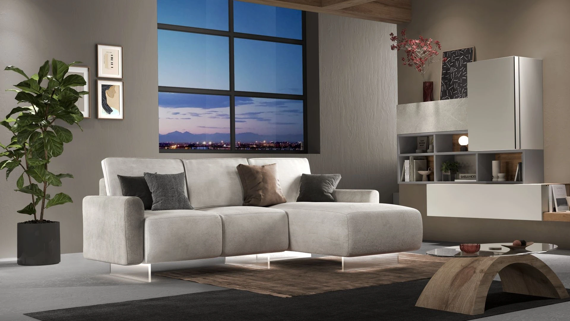 Divano con chaise longue Simply di BEHOME in tessuto chiaro con piedini trasparenti illuminati.