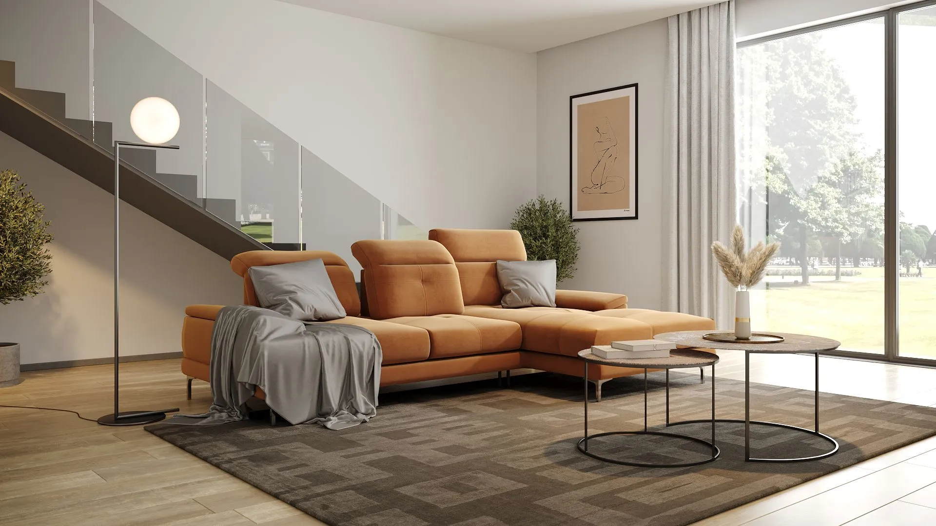 Divano con chaise longue Sirena di BEHOME in velluto terracotta in un soggiorno moderno.