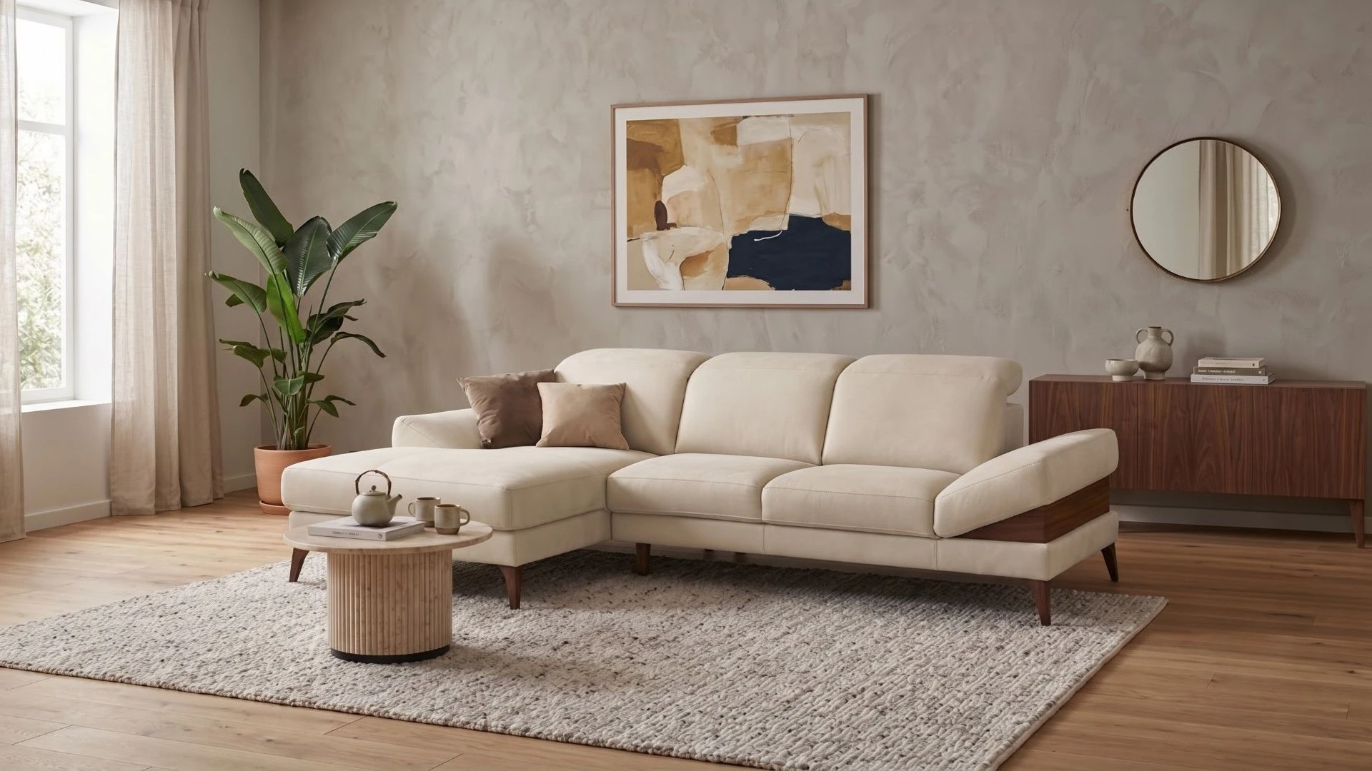 Divano con chaise longue Vanity di BEHOME in tessuto crema in un salotto moderno.