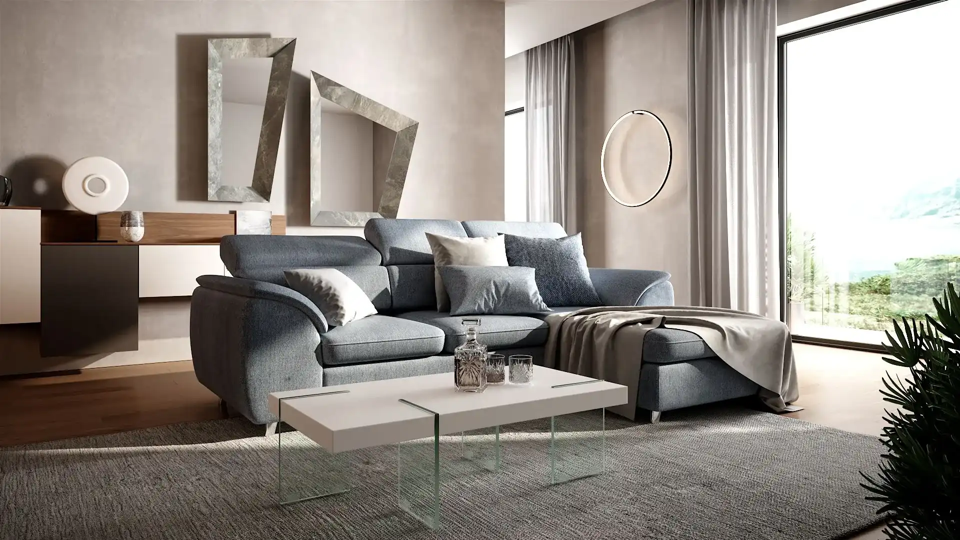 Divano con chaise longue Veliero di BEHOME in un salotto moderno.