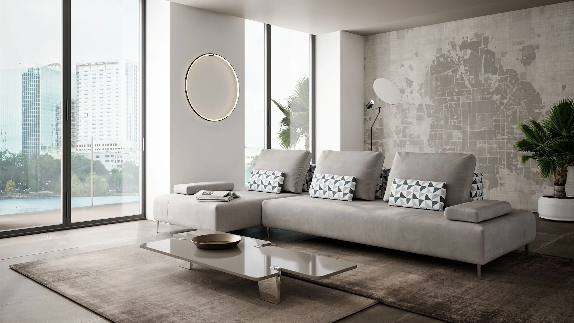 Divano componibile Eddy di BEHOME in grigio chiaro con penisola, cuscini decorativi e tavolino.