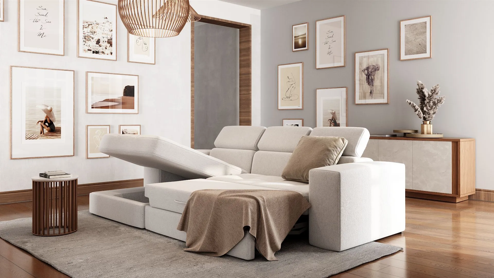 Divano con penisola Eva White di BEHOME in tessuto bianco, mostrato con vano contenitore aperto.