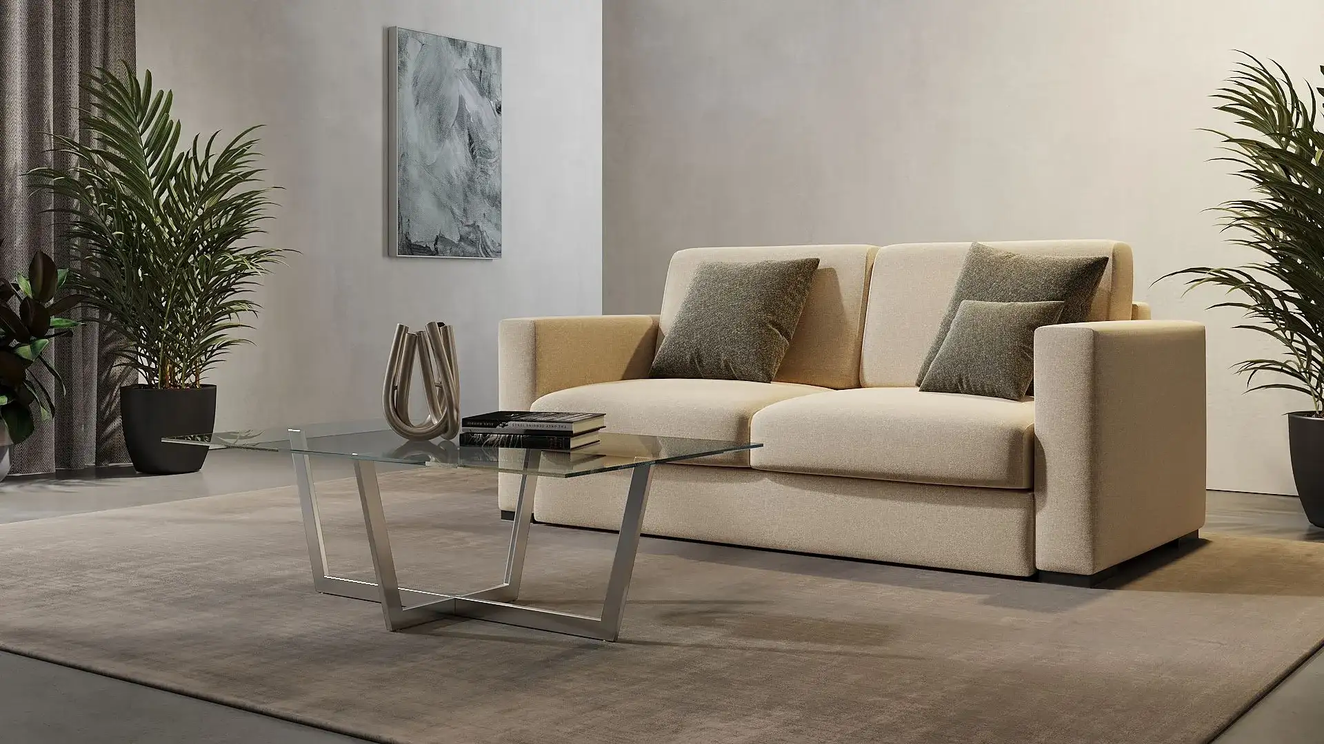 Divano letto a due posti Metropolis Beige di BEHOME in tessuto verde con tavolino in vetro.
