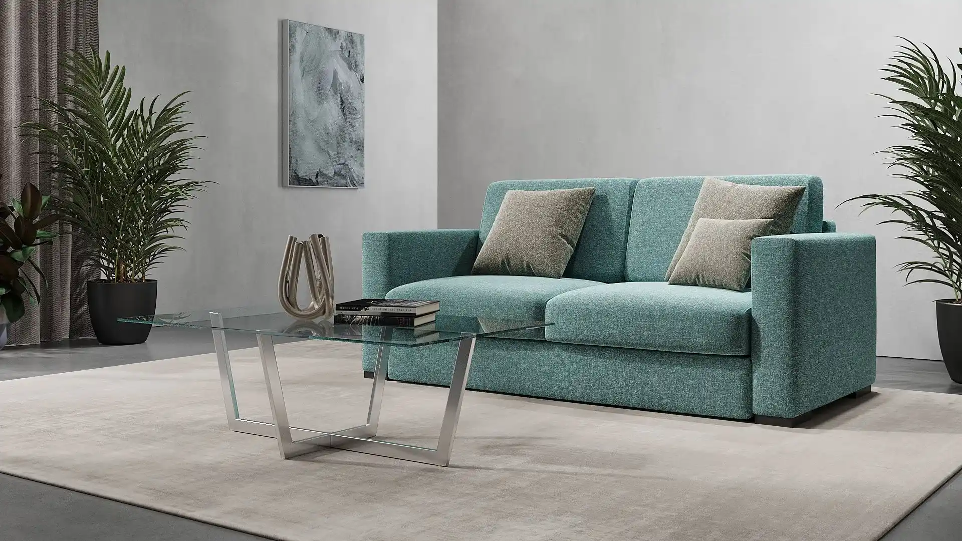 Divano letto a due posti Metropolis Green di BEHOME in tessuto verde con tavolino in vetro.