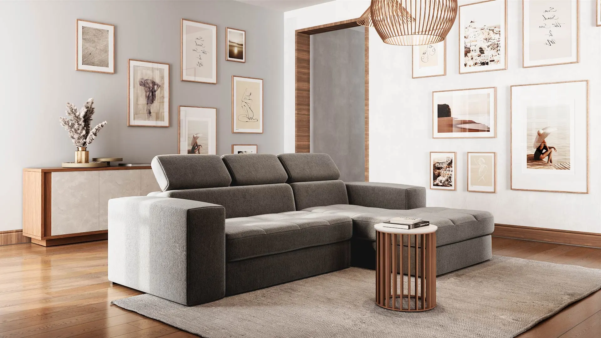 Divano con penisola Enea di BEHOME in tessuto grigio scuro in un salotto moderno.