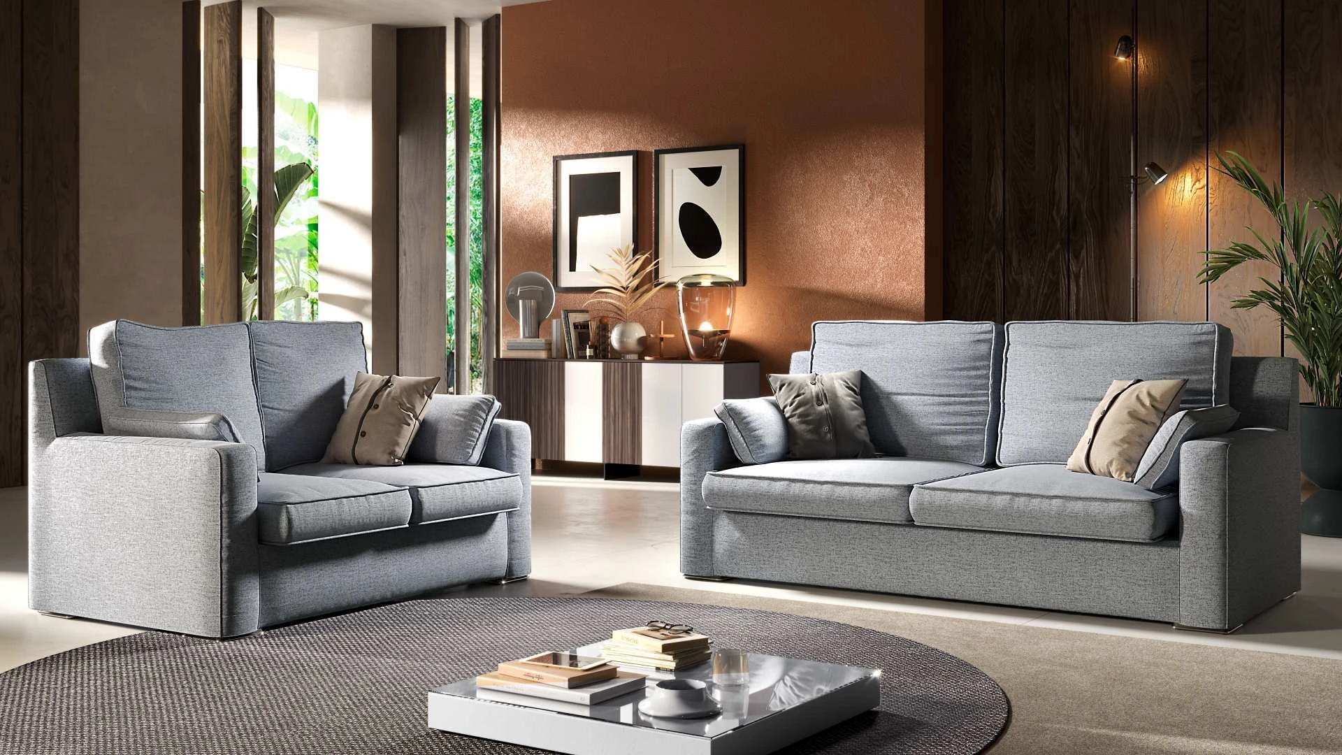 Set di divani Siattle Up di BEHOME a due e tre posti in tessuto grigio con cuscini.