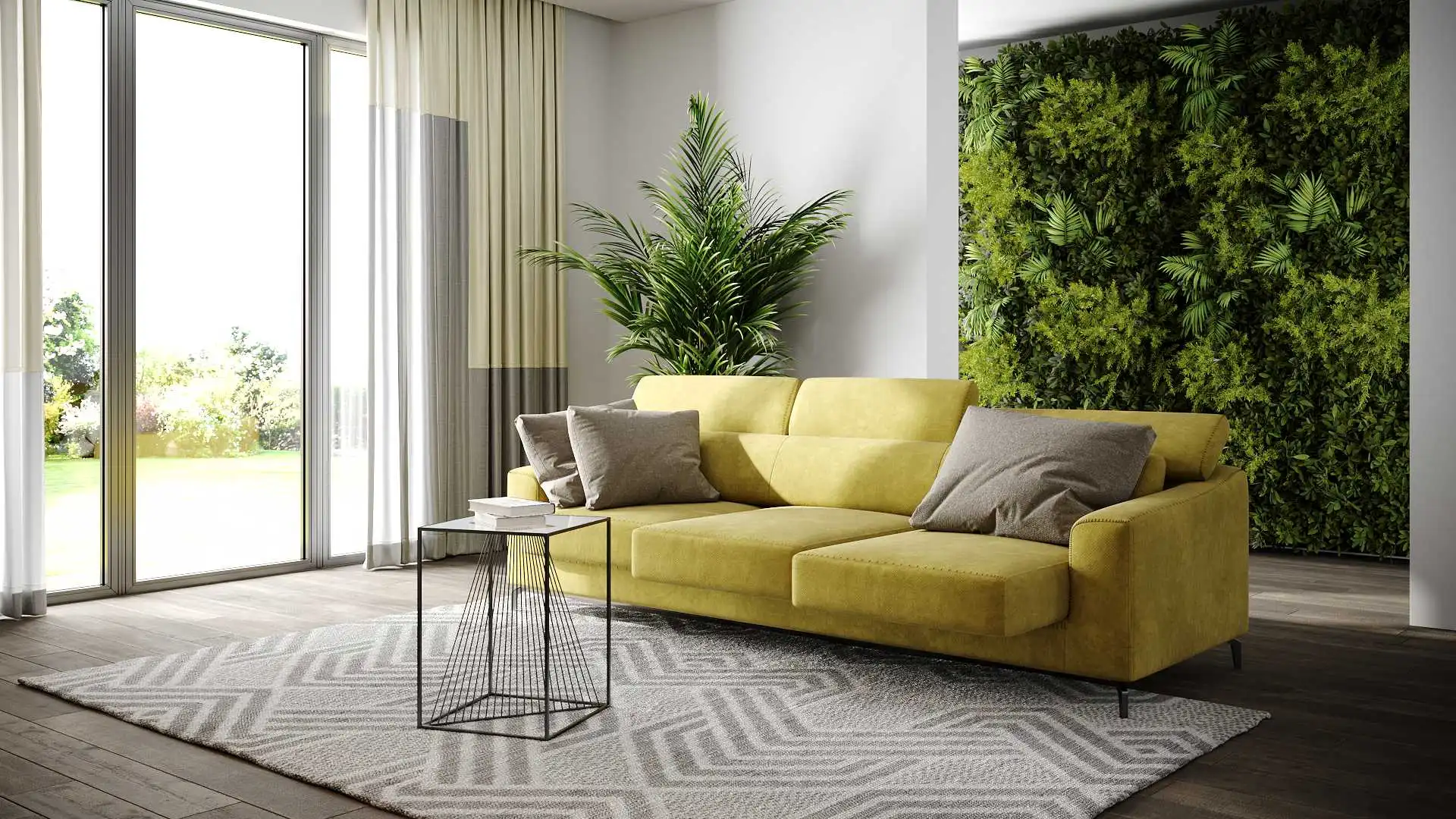Divano a tre posti Tasos di BEHOME color giallo senape con seduta estesa, cuscini e tavolino.