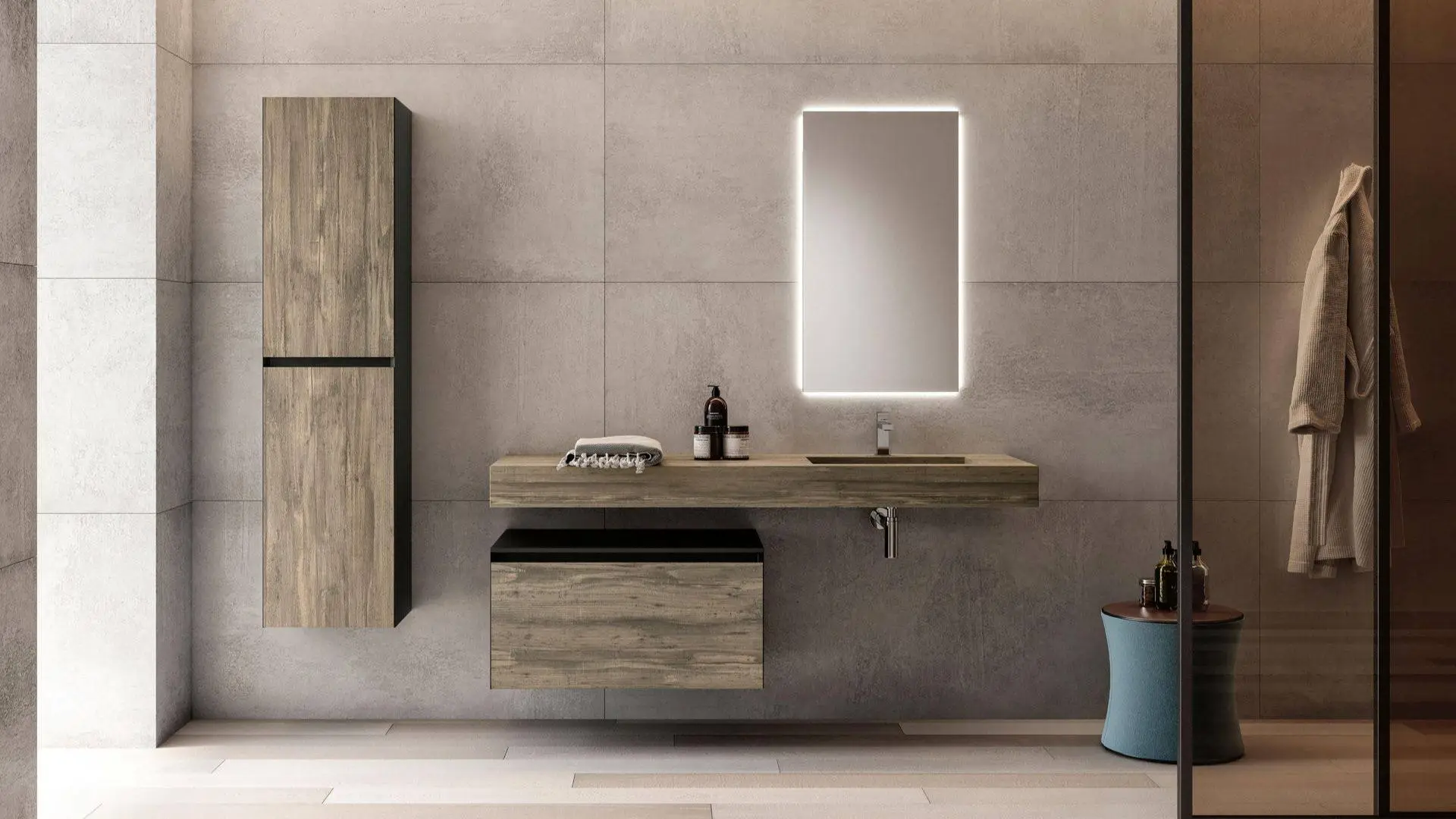 Mobile bagno sospeso Alba di BEHOME in legno con colonna e specchio retroilluminato.