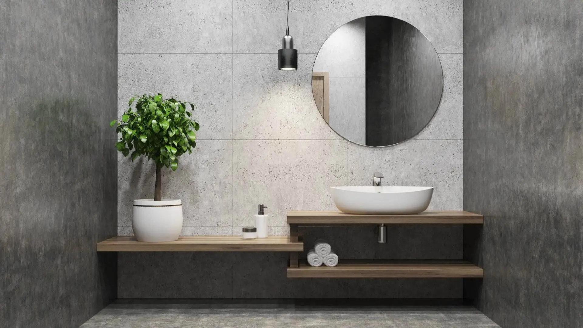 Mobile bagno sospeso Ariel di BEHOME con mensole in legno, lavabo da appoggio e specchio tondo.