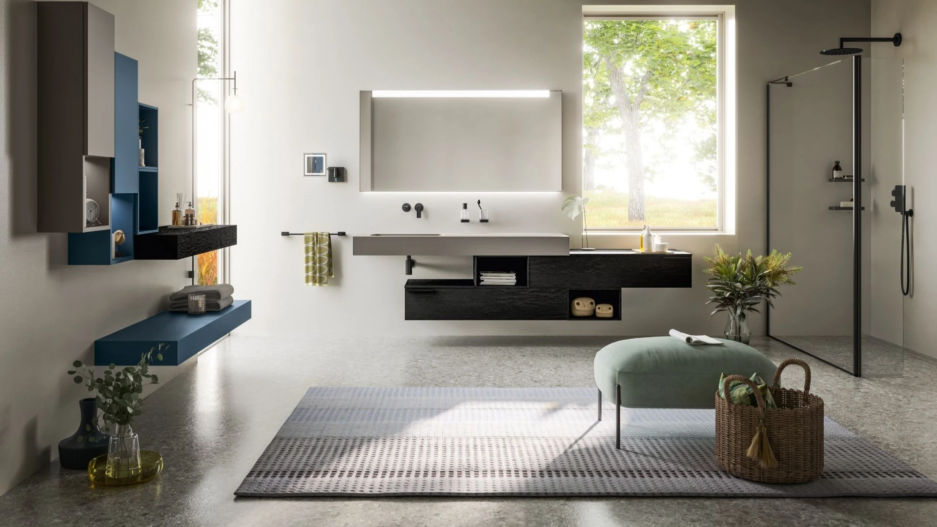 Mobile bagno sospeso Betty di BEHOME con basi sfalsate in legno scuro e top lavabo grigio.