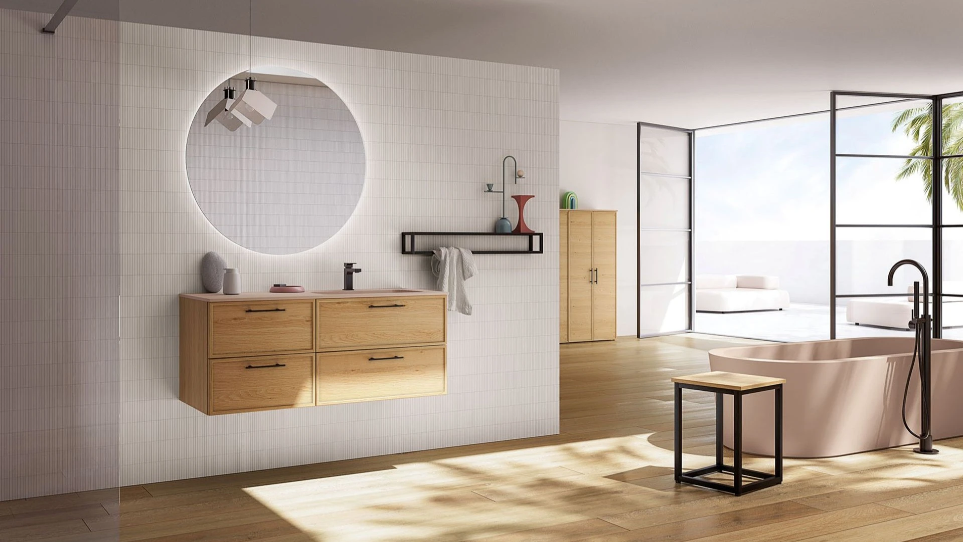 Mobile bagno sospeso Clodovea di BEHOME in legno e specchio rotondo.