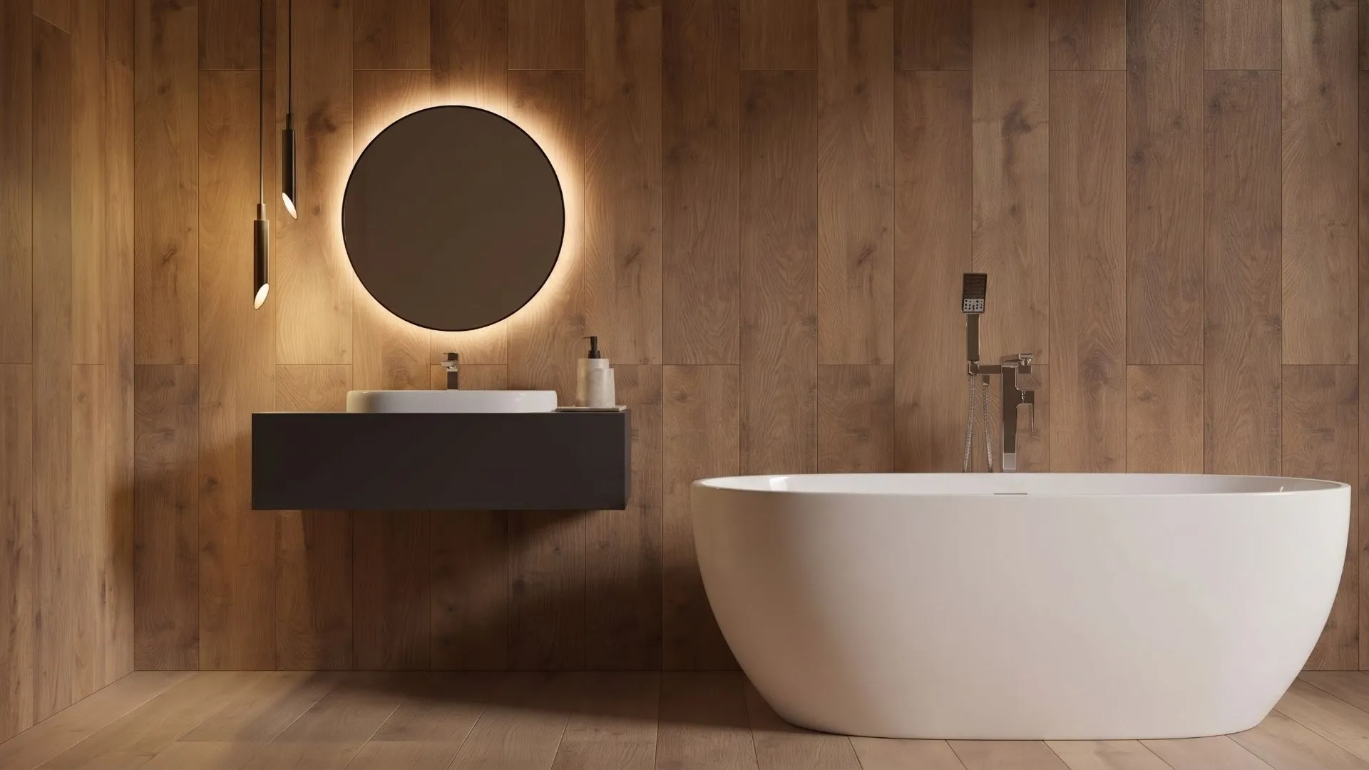 Mobile bagno sospeso Dalila di BEHOME scuro con specchio rotondo e vasca freestanding.