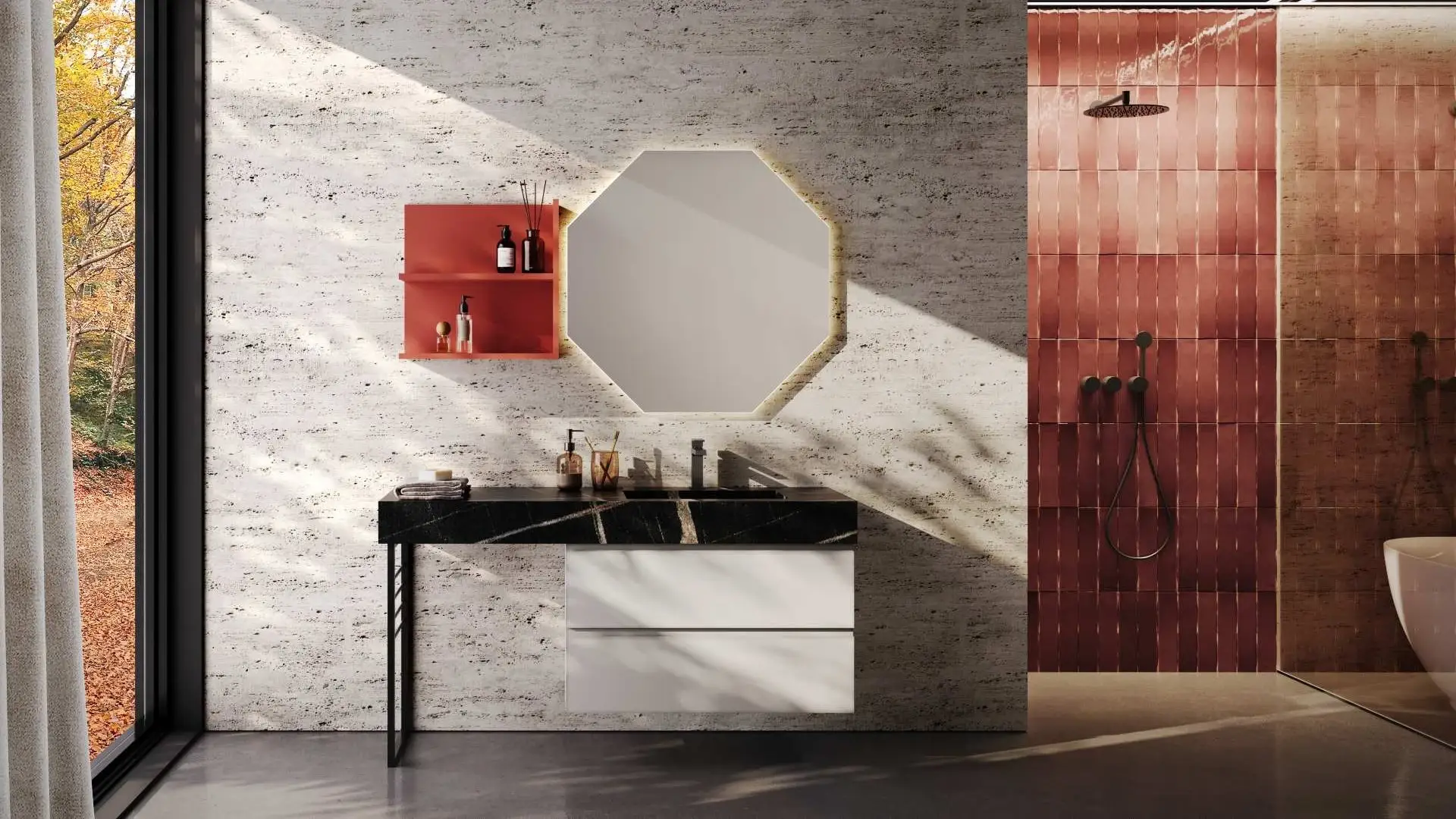 Mobile bagno Danubio di BEHOME con top scuro e specchio ottagonale moderno.