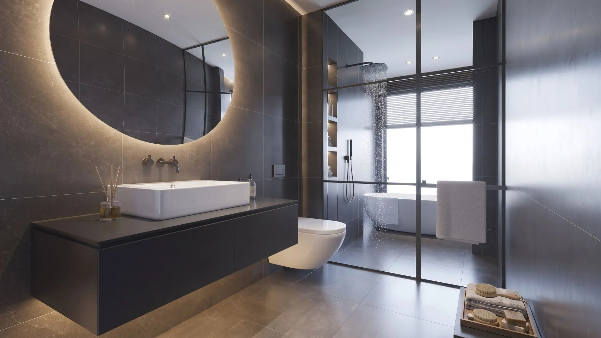 Mobile bagno sospeso Denis di BEHOME grigio scuro con lavabo bianco e specchio rotondo.