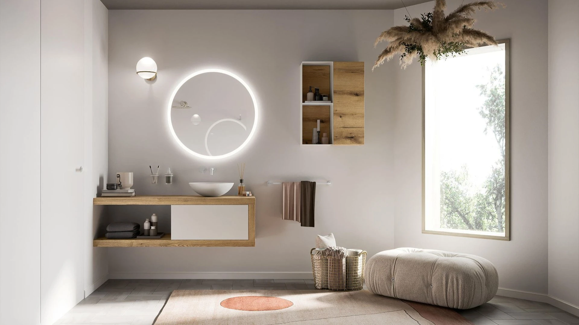 Mobile bagno sospeso Elea di BEHOME in legno e bianco, con specchio rotondo a LED in bagno moderno.