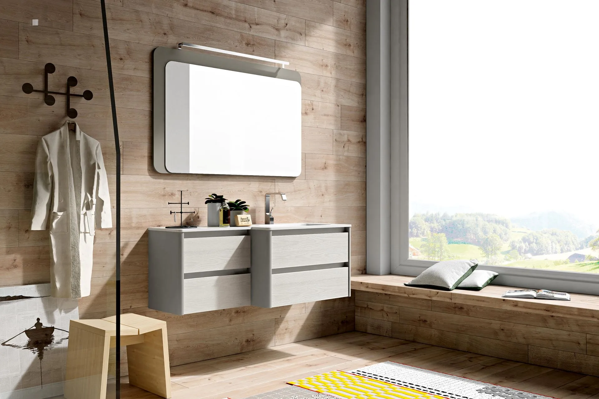 Mobile bagno sospeso Evelin di BEHOME grigio chiaro e legno con specchio rettangolare.