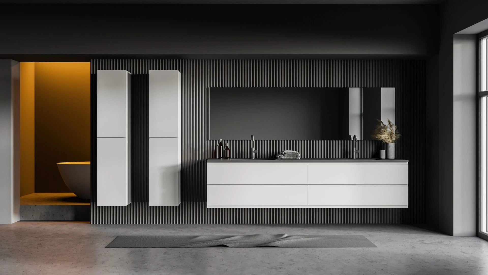 Mobile bagno sospeso Loris di BEHOME bianco con doppio lavabo in ambiente scuro.