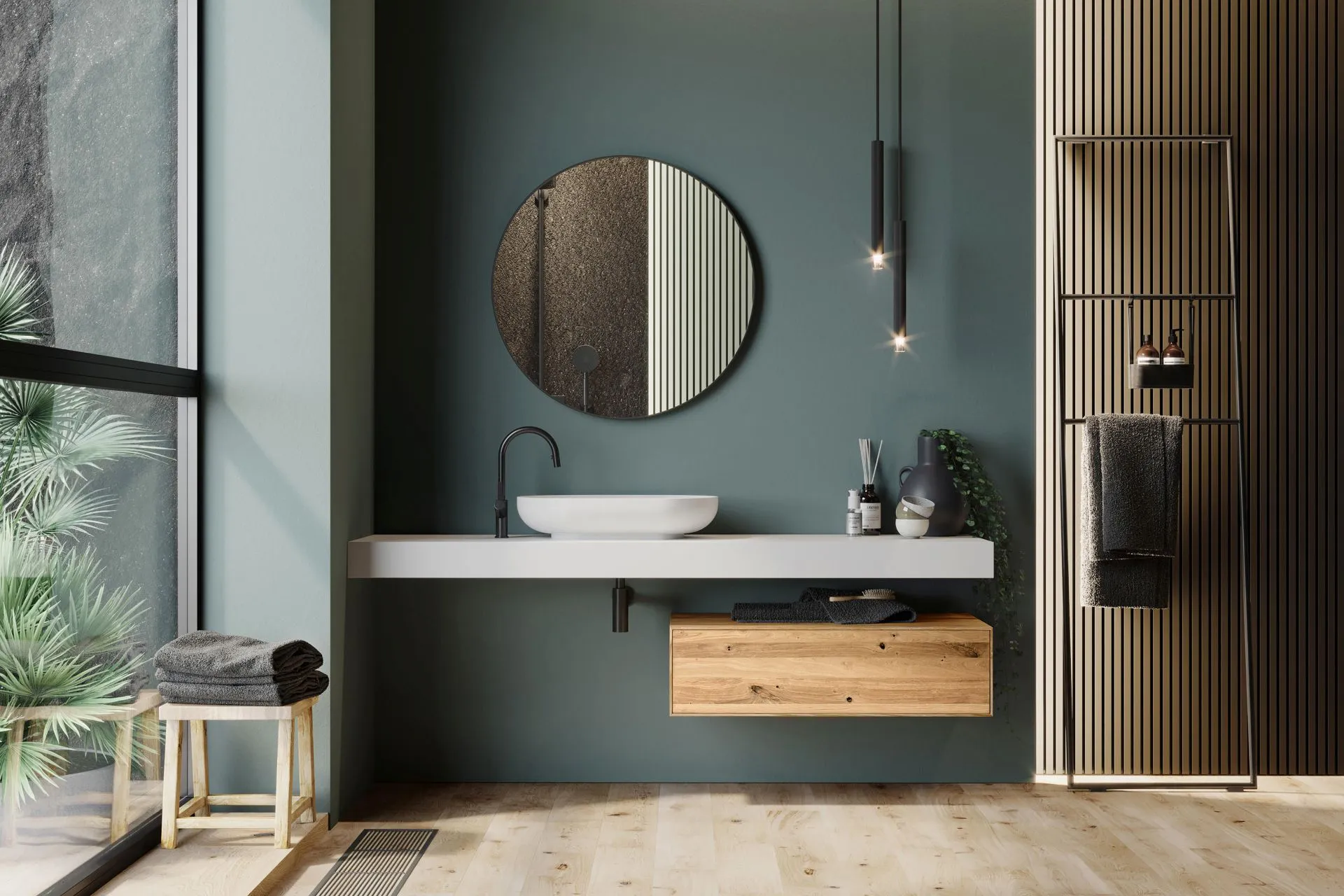 Mobile bagno sospeso Marek di BEHOME con piano bianco, cassetto in legno e specchio rotondo.