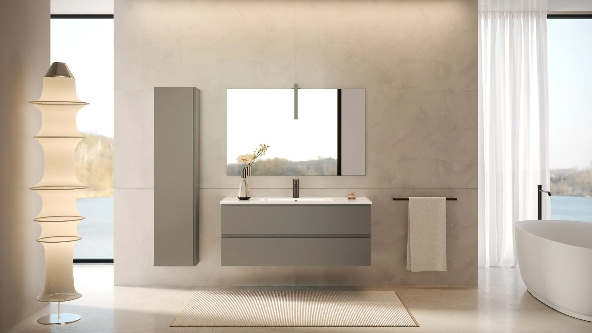 Mobile bagno sospeso Nilo 156 di BEHOME grigio con colonna in un bagno moderno.