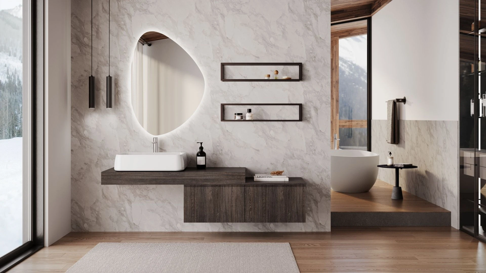 Mobile bagno sospeso Nilo di BEHOME in legno scuro in un elegante bagno moderno.