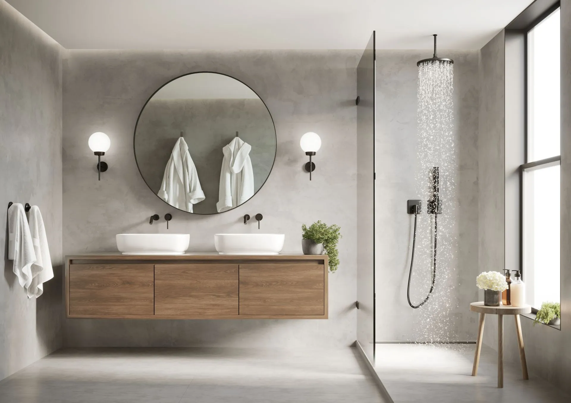 Mobile bagno sospeso Noel di BEHOME in legno con doppio lavabo in un bagno moderno.