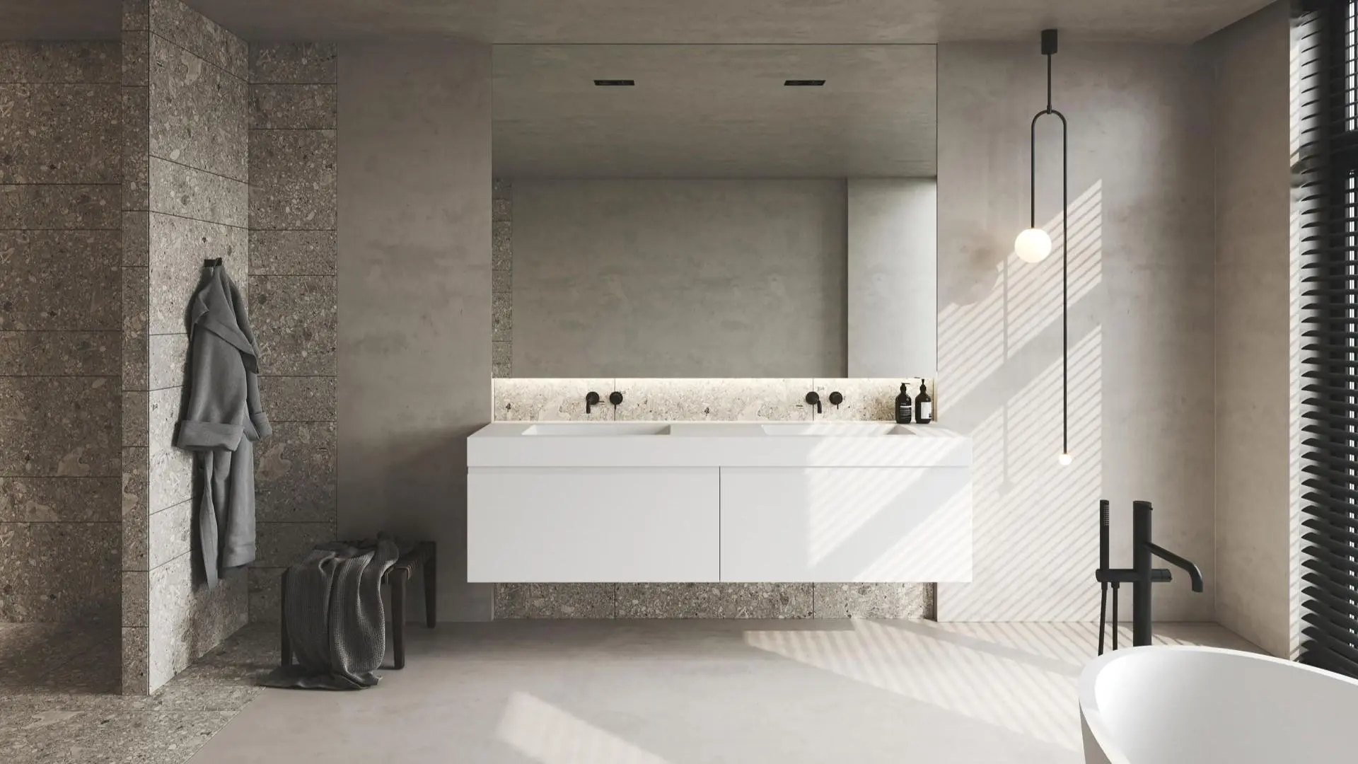 Mobile da bagno sospeso Seta di BEHOME bianco con doppio lavabo e grande specchio.