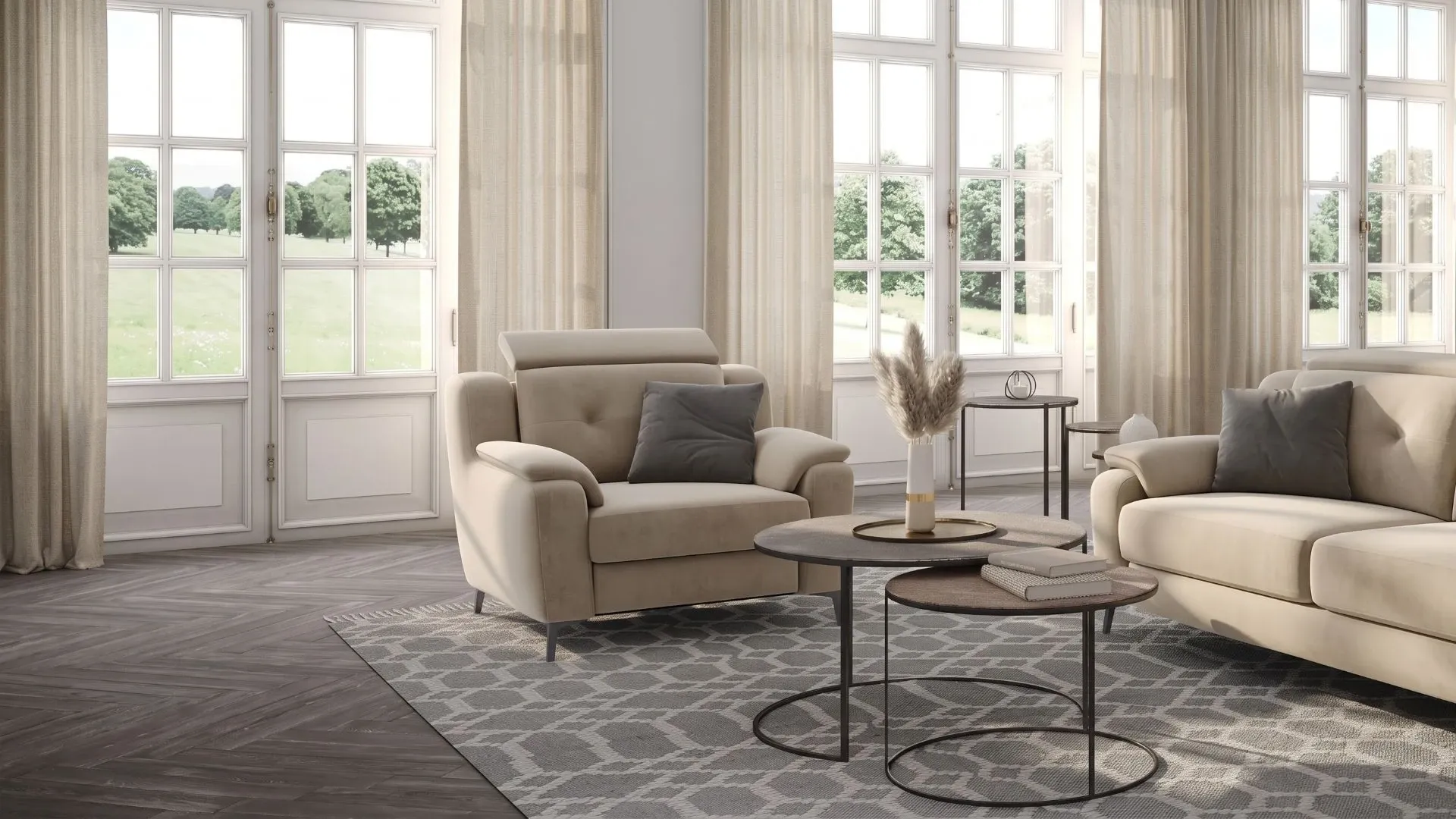 Poltrona imbottita Opera Pol di BEHOME in tessuto beige con cuscino grigio.