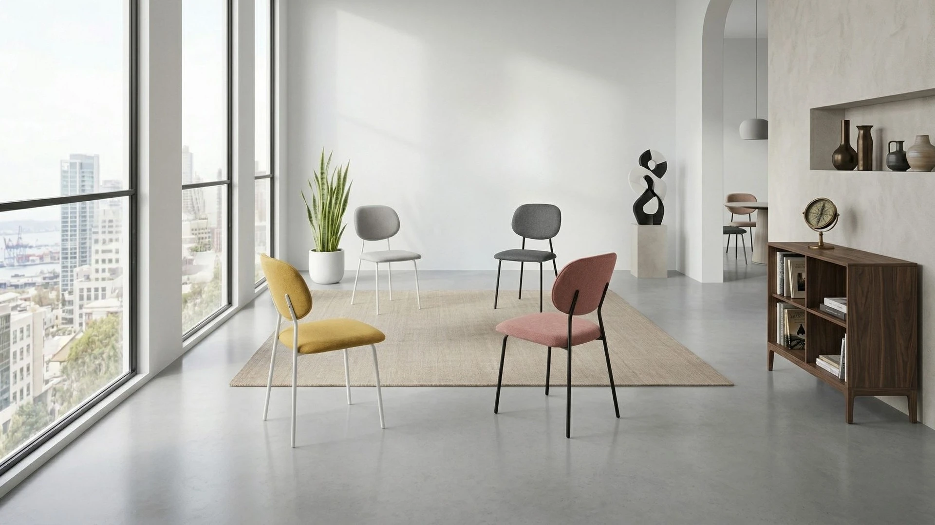 Gruppo di sedie in tessuto Elia BEHOME di vari colori in un ambiente moderno.