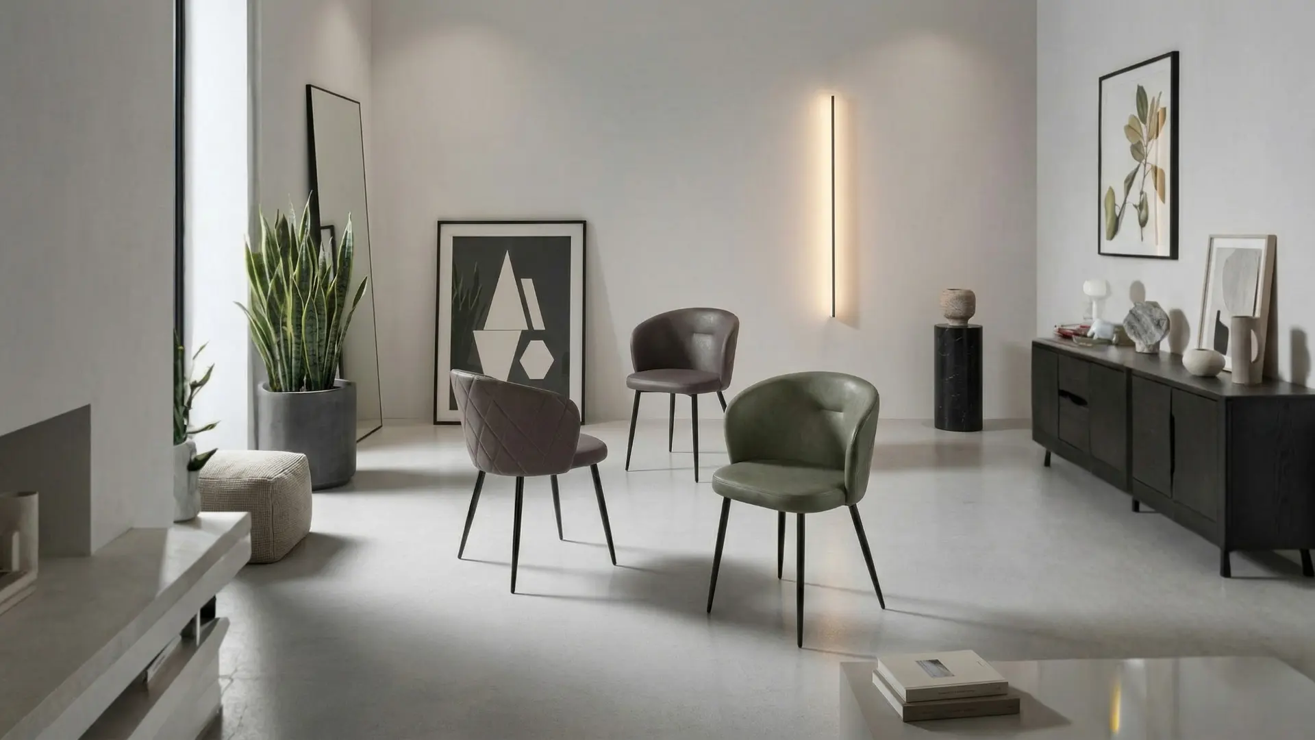 Gruppo di sedie in ecopelle Rumba BEHOME di vari colori in un ambiente moderno.