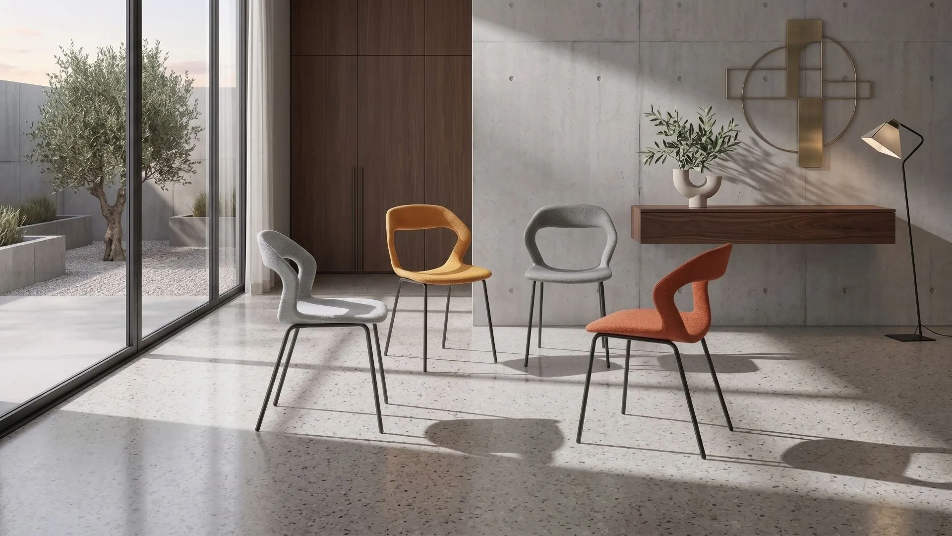 Gruppo di sedie in tessuto Girasole BEHOME di vari colori in un ambiente moderno.