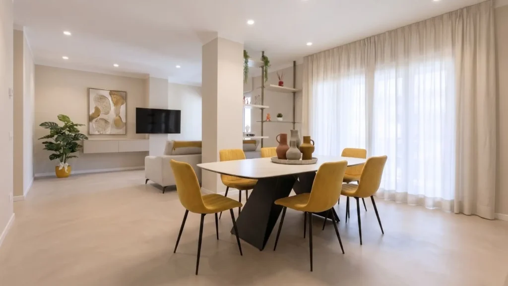 Sala da pranzo moderna in open space con tavolo Blade Calacatta Gold e sedie color senape modello Kira