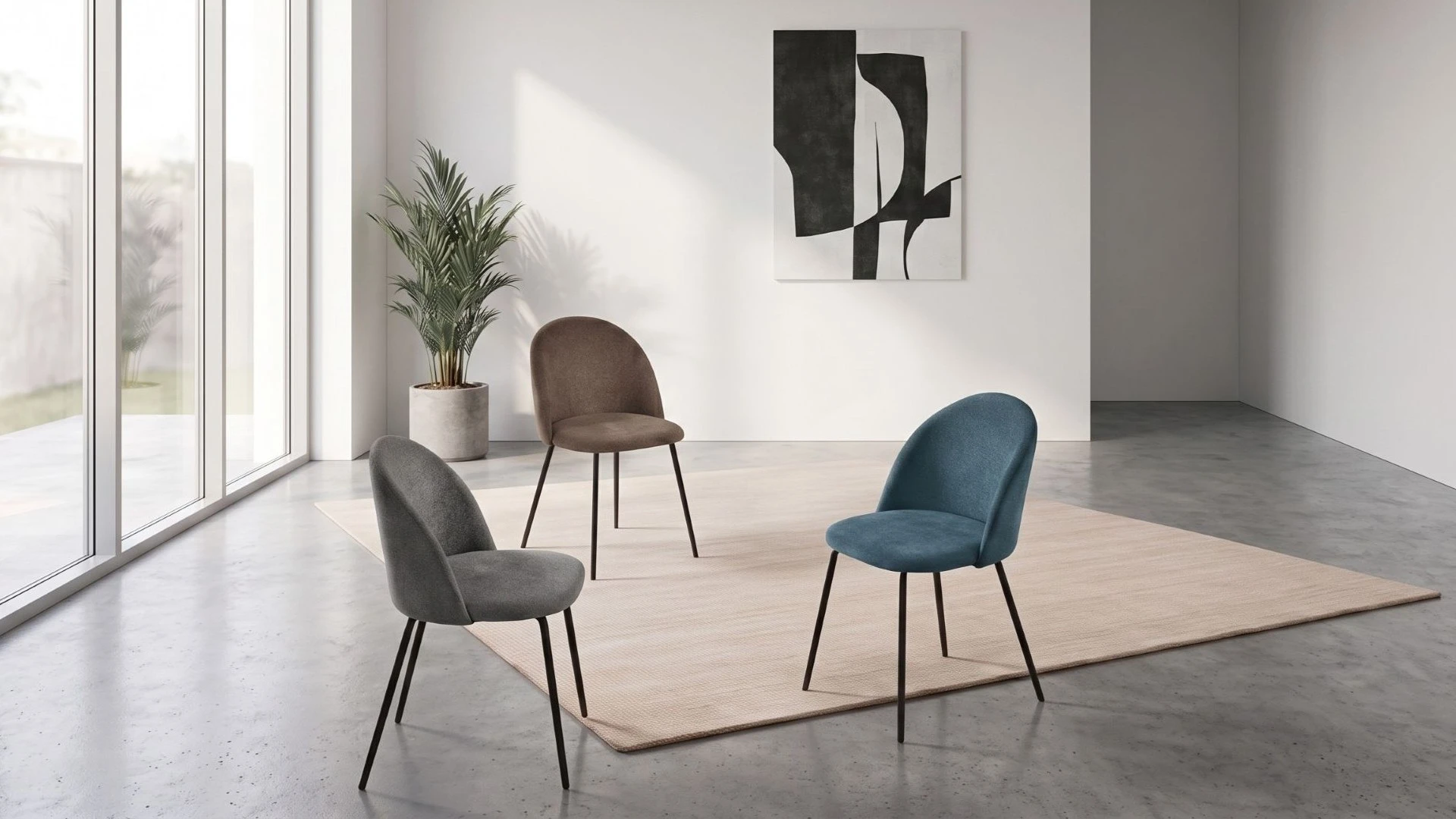 Gruppo di sedie in tessuto Amarena BEHOME di vari colori in un ambiente moderno.