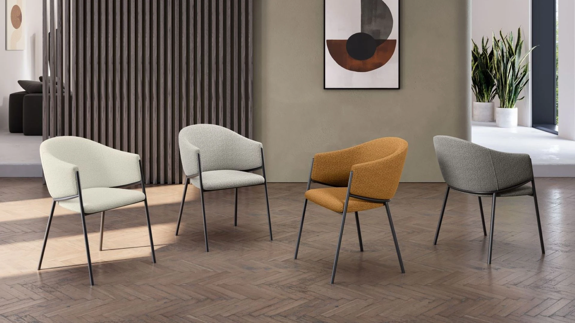 Gruppo di sedie in tessuto Clik BEHOME di vari colori in un ambiente moderno.