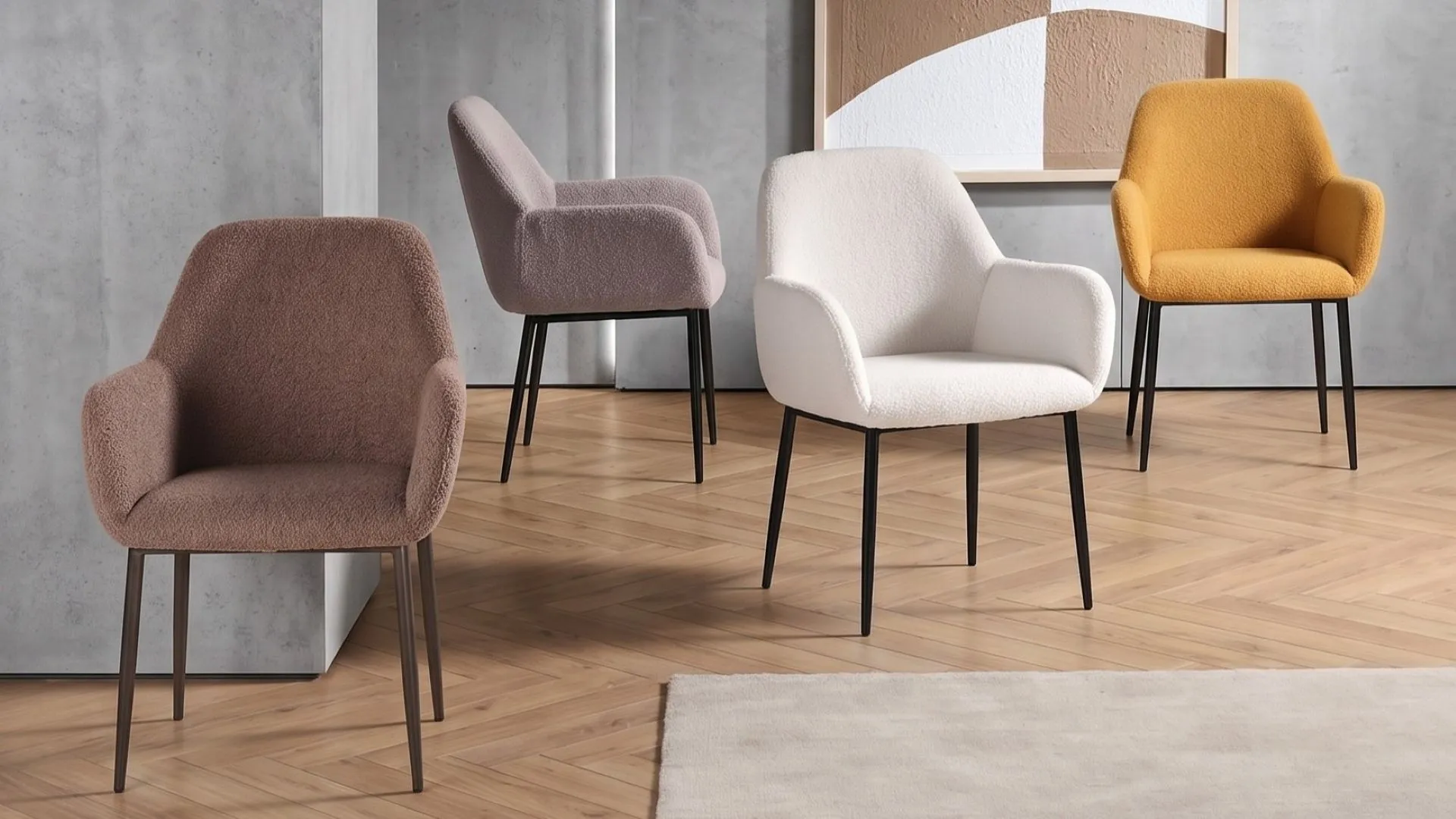 Gruppo di sedie in tessuto Diana BEHOME di vari colori in un ambiente moderno.