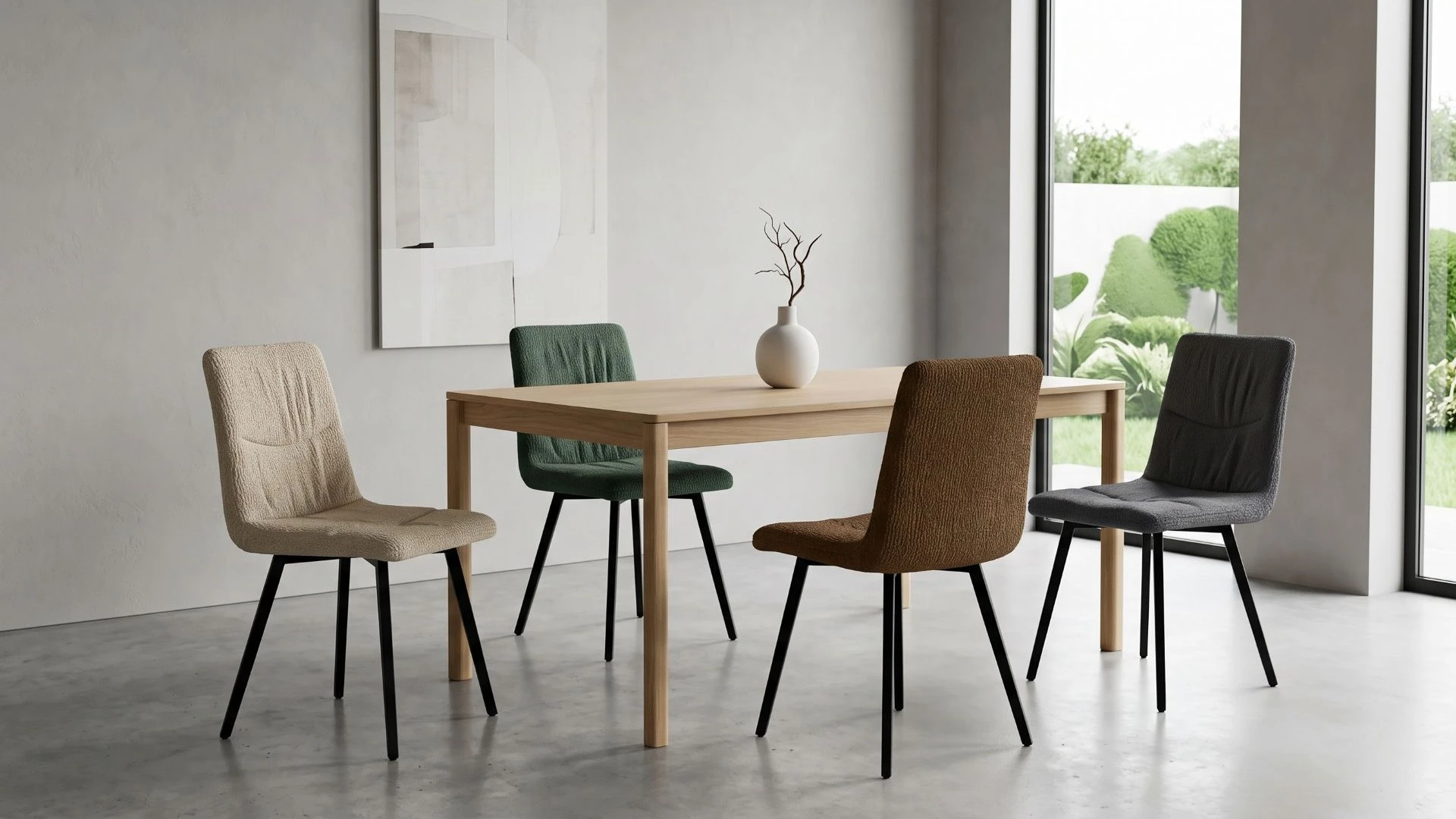 Gruppo di sedie in tessuto Lione BEHOME di vari colori in un ambiente moderno.