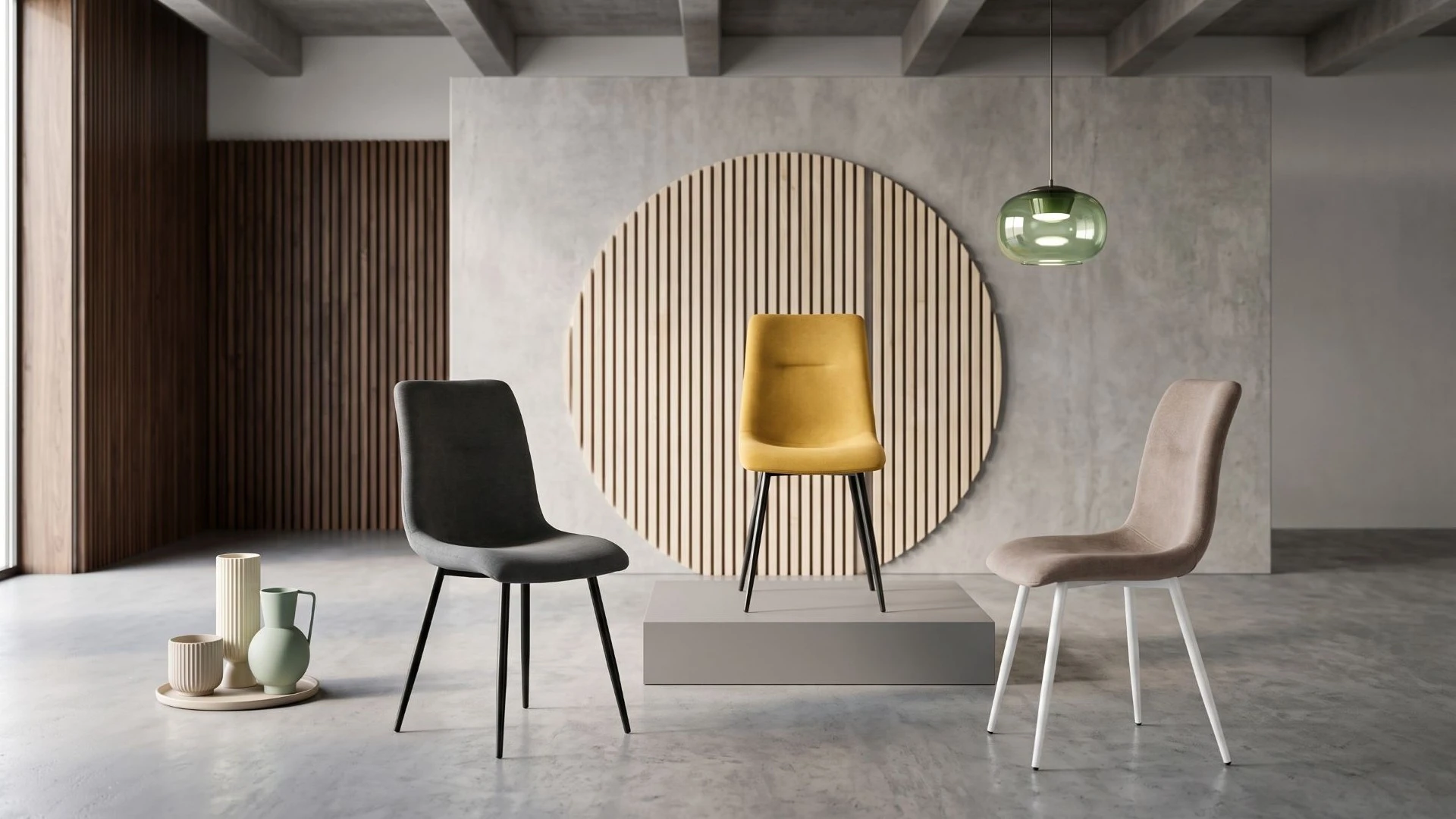 Gruppo di sedie in tessuto Mellis BEHOME di vari colori in un ambiente moderno.