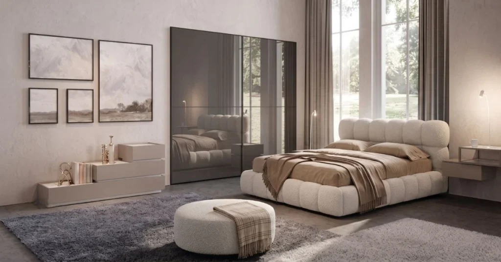 Camera da letto arredata secondo le tendenze 2026. Al centro, un letto dalle forme morbide e stondate rivestito in tessuto tattile bouclé color panna. L'ambiente è dominato da colori neutri caldi, finiture opache e un'atmosfera accogliente e rilassata.